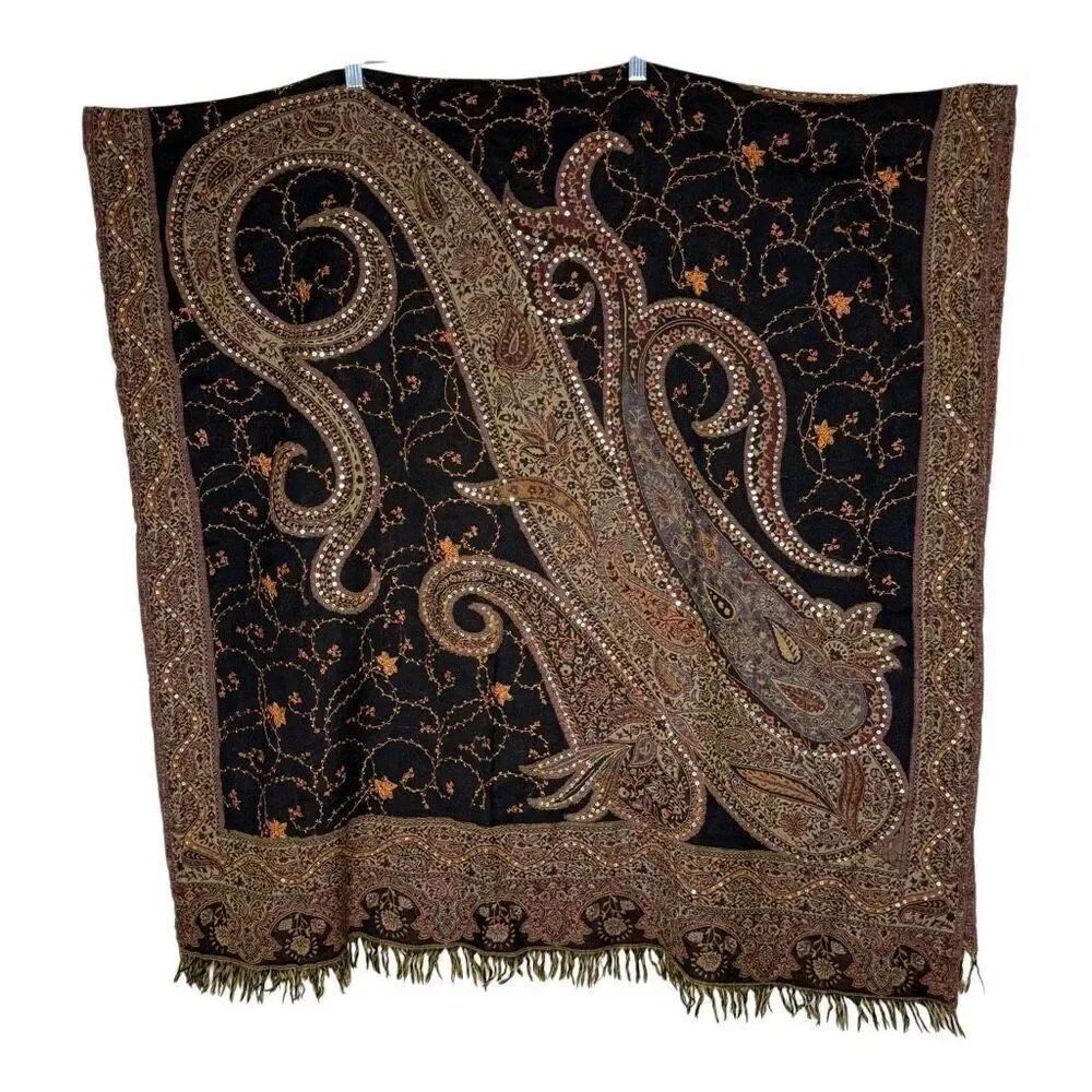 Unbranded Shawl Black, Blue, & Cream Paisley With Sequins/Embroidery Wool 38X75